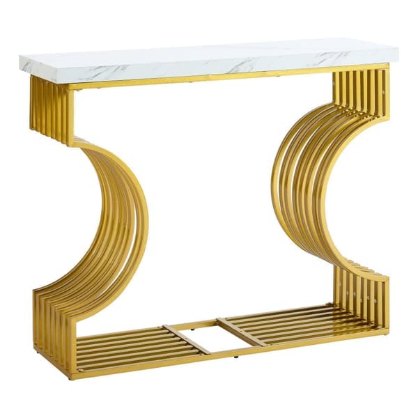 Soffbord i vit högglans 100×30×80 cm – modernt sidobord med gyllene bas, två monteringsalternativ, perfekt för vardagsrum eller hall