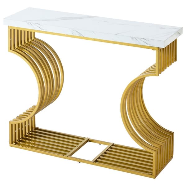 Soffbord i vit högglans 100×30×80 cm – modernt sidobord med gyllene bas, två monteringsalternativ, perfekt för vardagsrum eller hall