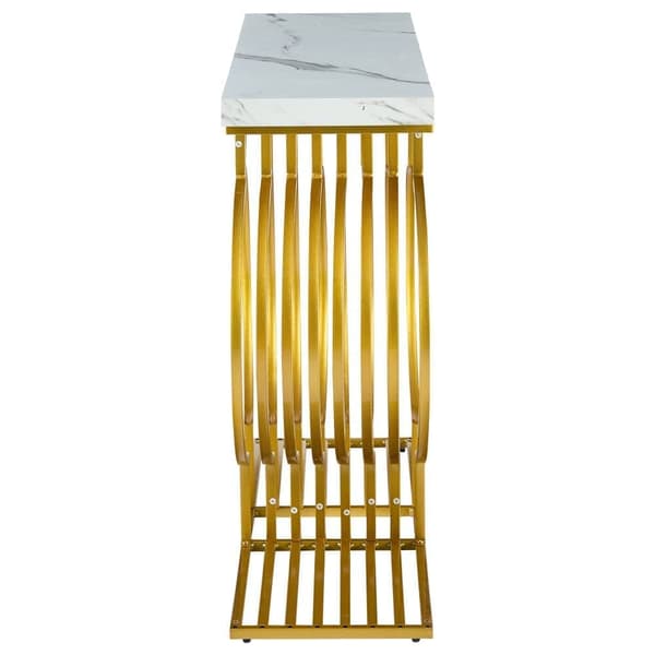 Soffbord i vit högglans 100×30×80 cm – modernt sidobord med gyllene bas, två monteringsalternativ, perfekt för vardagsrum eller hall