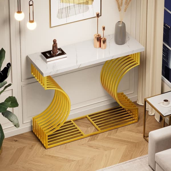 Soffbord i vit högglans 100×30×80 cm – modernt sidobord med gyllene bas, två monteringsalternativ, perfekt för vardagsrum eller hall