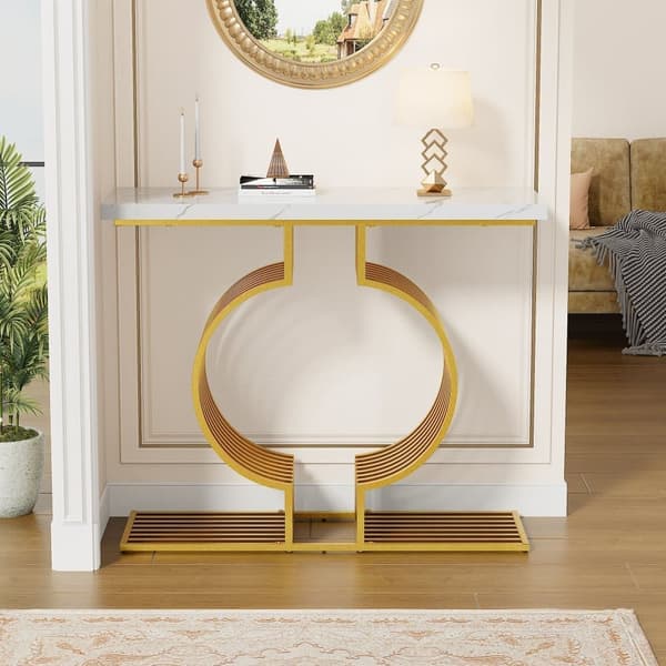 Soffbord i vit högglans 100×30×80 cm – modernt sidobord med gyllene bas, två monteringsalternativ, perfekt för vardagsrum eller hall