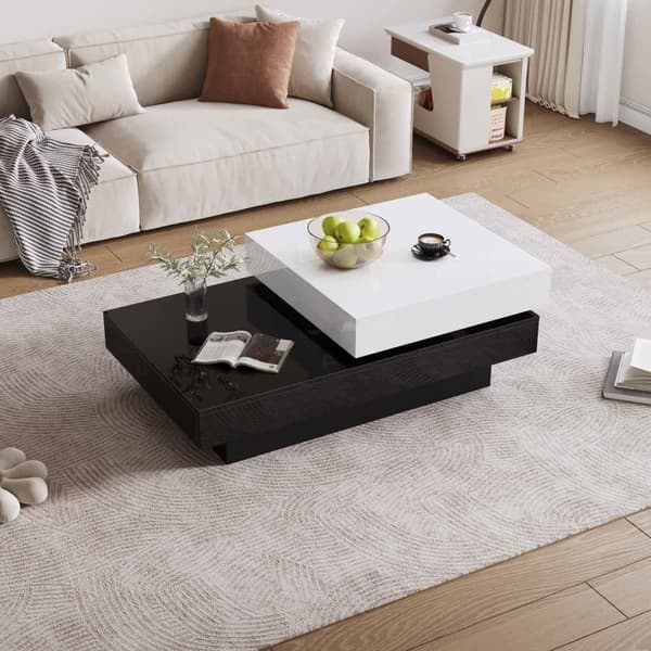 Drejeligt sofabord i sort og hvid højglans finish – moderne dobbeltlags spånplade stuebord, stilfuldt design til lejlighed eller hjem