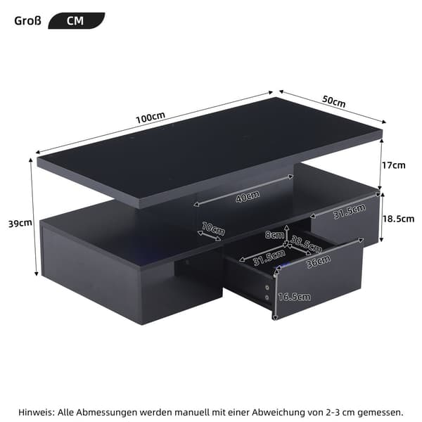 Svart LED-soffbord med 2 nivåer, högglans soffbord med 16 färgers belysning, soffbord med öppen hylla och 1 låda