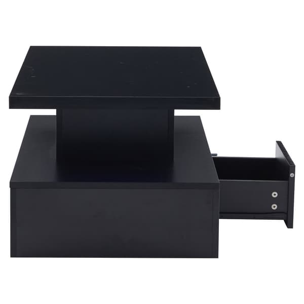 Svart LED-soffbord med 2 nivåer, högglans soffbord med 16 färgers belysning, soffbord med öppen hylla och 1 låda