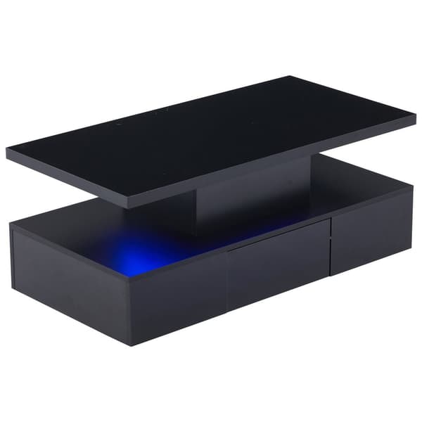 Svart LED-soffbord med 2 nivåer, högglans soffbord med 16 färgers belysning, soffbord med öppen hylla och 1 låda
