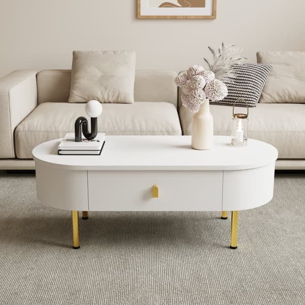 Vitt soffbord med 2 lådor, guldfärgade handtag och ben, rundade hörn – modern design, vardagsrumsbord i MDF