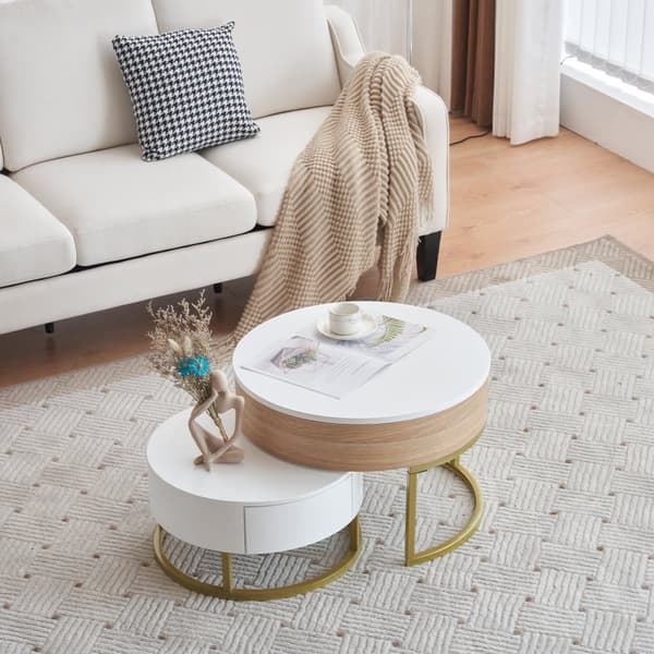 2-delat satsbord i guld – Soffbord med uppfällbar bordsskiva och 2 lådor, sidobord med förvaring, modern design