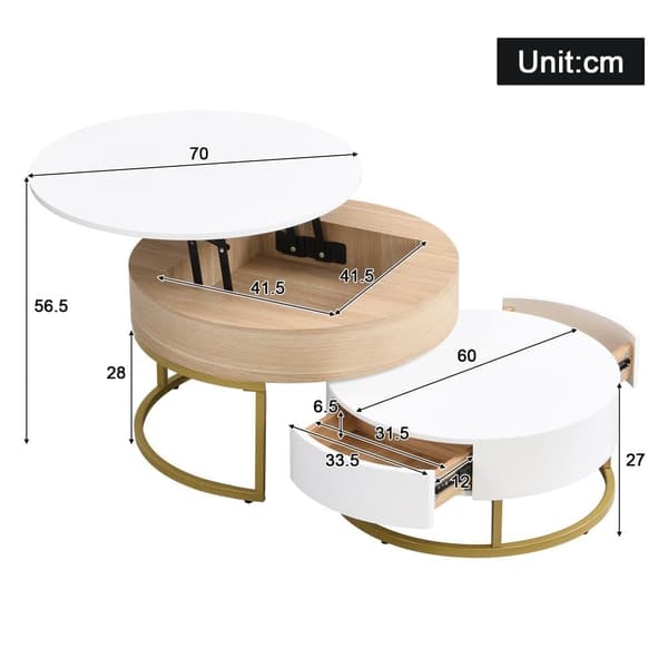 2-delat satsbord i guld – Soffbord med uppfällbar bordsskiva och 2 lådor, sidobord med förvaring, modern design