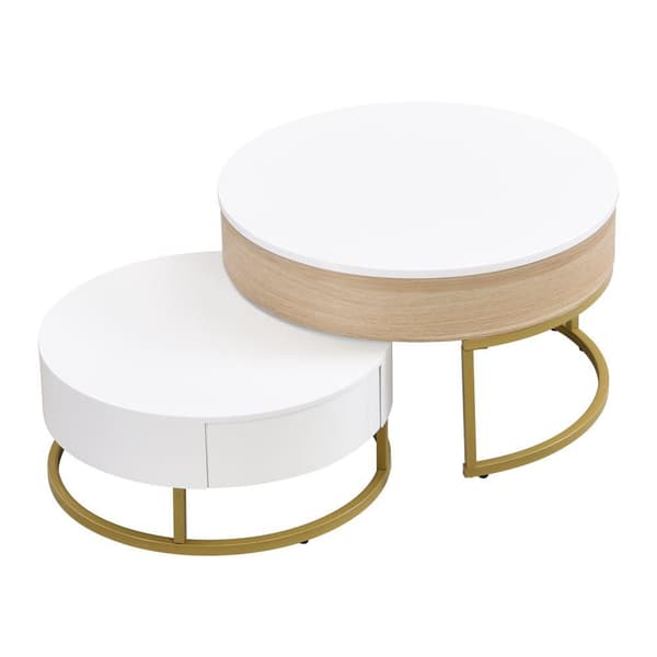 2-delat satsbord i guld – Soffbord med uppfällbar bordsskiva och 2 lådor, sidobord med förvaring, modern design