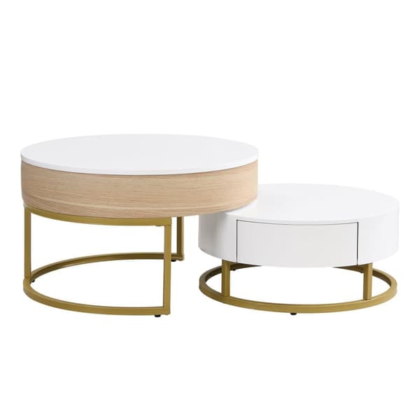 2-delat satsbord i guld – Soffbord med uppfällbar bordsskiva och 2 lådor, sidobord med förvaring, modern design
