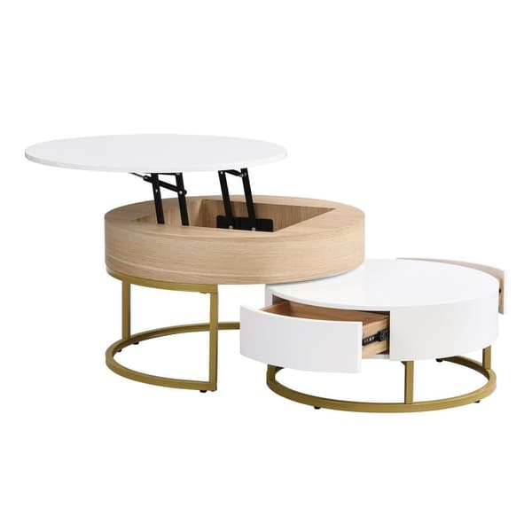 2-delat satsbord i guld – Soffbord med uppfällbar bordsskiva och 2 lådor, sidobord med förvaring, modern design