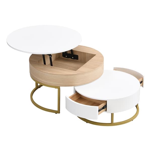 2-delat satsbord i guld – Soffbord med uppfällbar bordsskiva och 2 lådor, sidobord med förvaring, modern design