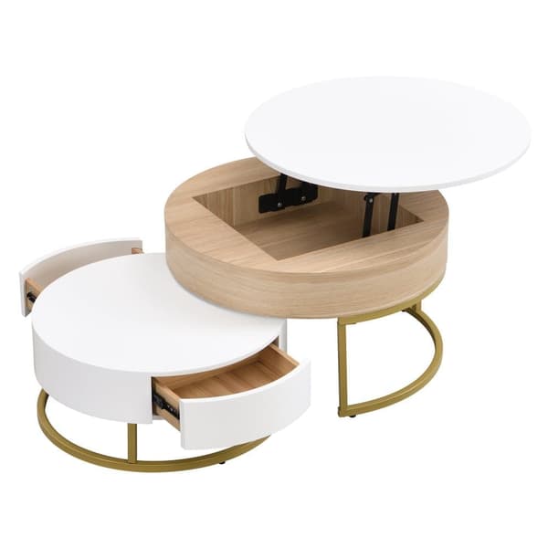 2-delat satsbord i guld – Soffbord med uppfällbar bordsskiva och 2 lådor, sidobord med förvaring, modern design