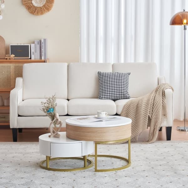 2-delat satsbord i guld – Soffbord med uppfällbar bordsskiva och 2 lådor, sidobord med förvaring, modern design