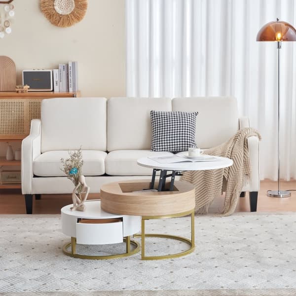 2-delat satsbord i guld – Soffbord med uppfällbar bordsskiva och 2 lådor, sidobord med förvaring, modern design