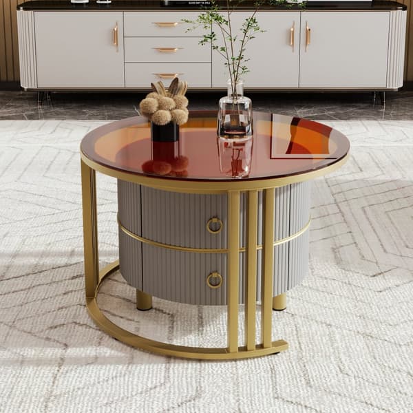 2-i-1 runt soffbord i MDF med högglans och härdat glas – soffbordsset med 2 lådor, 70x70x45 + 50x50x40 cm, vit och träfärg
