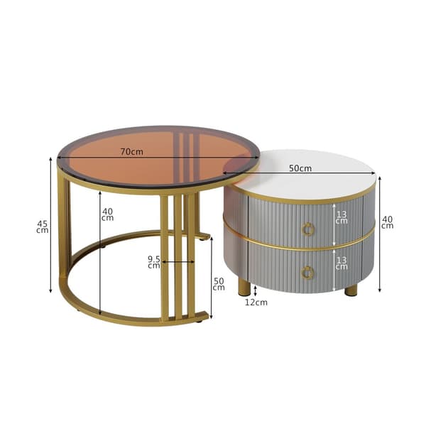 2-i-1 runt soffbord i MDF med högglans och härdat glas – soffbordsset med 2 lådor, 70x70x45 + 50x50x40 cm, vit och träfärg