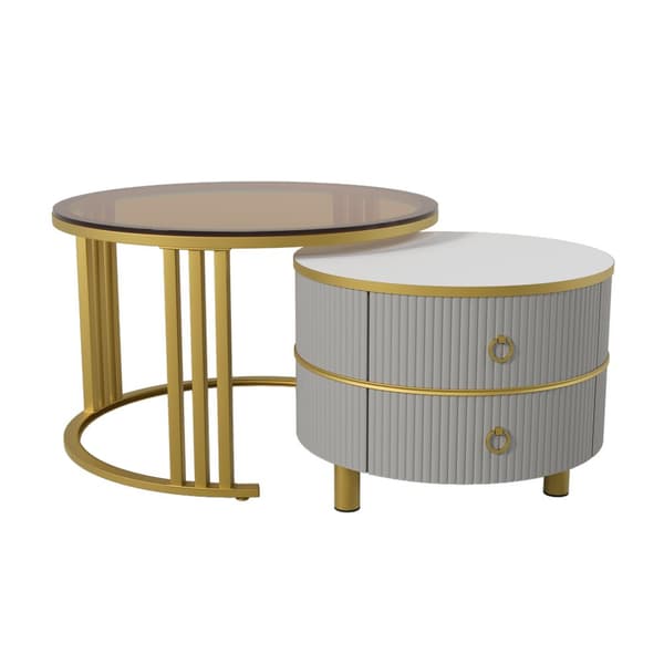 2-i-1 runt soffbord i MDF med högglans och härdat glas – soffbordsset med 2 lådor, 70x70x45 + 50x50x40 cm, vit och träfärg