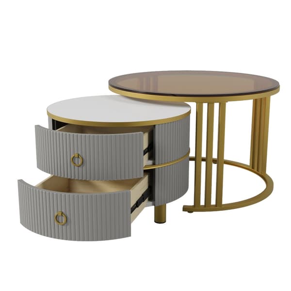 2-i-1 runt soffbord i MDF med högglans och härdat glas – soffbordsset med 2 lådor, 70x70x45 + 50x50x40 cm, vit och träfärg