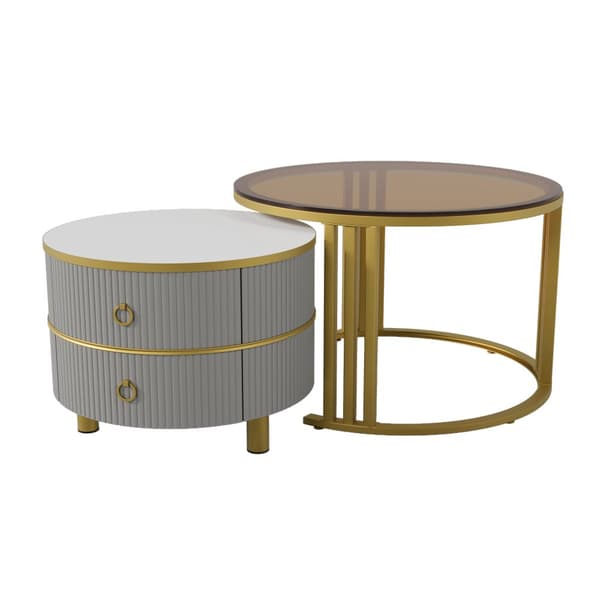 2-i-1 runt soffbord i MDF med högglans och härdat glas – soffbordsset med 2 lådor, 70x70x45 + 50x50x40 cm, vit och träfärg