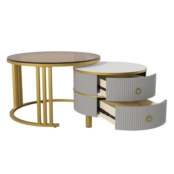 2-i-1 runt soffbord i MDF med högglans och härdat glas – soffbordsset med 2 lådor, 70x70x45 + 50x50x40 cm, vit och träfärg