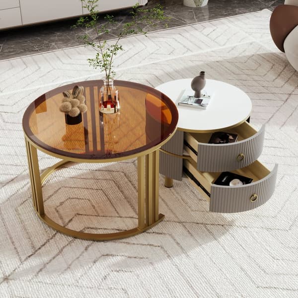 2-i-1 runt soffbord i MDF med högglans och härdat glas – soffbordsset med 2 lådor, 70x70x45 + 50x50x40 cm, vit och träfärg