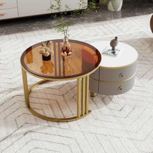 2-i-1 runt soffbord i MDF med högglans och härdat glas – soffbordsset med 2 lådor, 70x70x45 + 50x50x40 cm, vit och träfärg