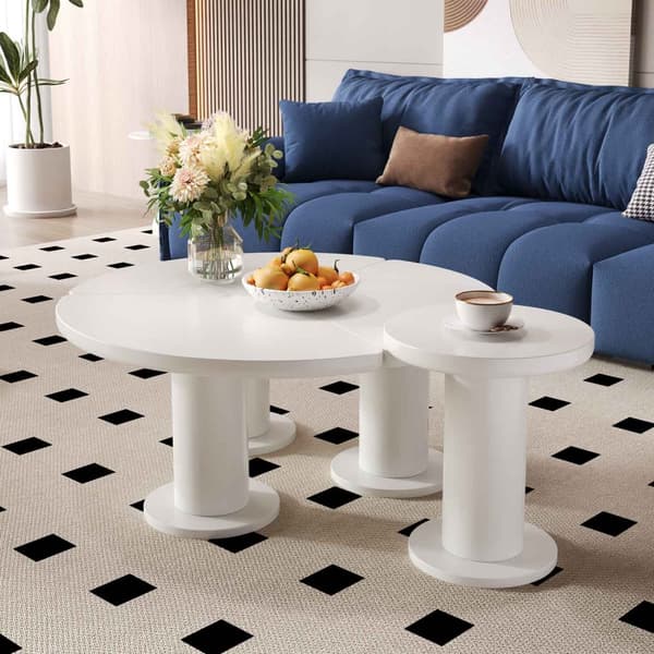 Rundt sofabordssæt i hvid MDF – 100 cm + 40 cm, lakeret bordplade og PVC-ben, sofabord i cremet stil, moderne design til stuen