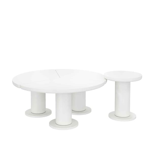 Rundt sofabordssæt i hvid MDF – 100 cm + 40 cm, lakeret bordplade og PVC-ben, sofabord i cremet stil, moderne design til stuen