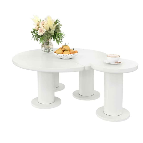 Rundt sofabordssæt i hvid MDF – 100 cm + 40 cm, lakeret bordplade og PVC-ben, sofabord i cremet stil, moderne design til stuen