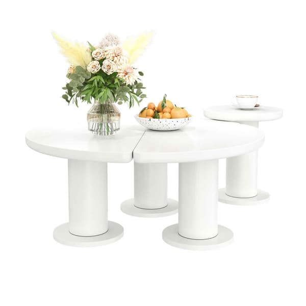 Rundt sofabordssæt i hvid MDF – 100 cm + 40 cm, lakeret bordplade og PVC-ben, sofabord i cremet stil, moderne design til stuen