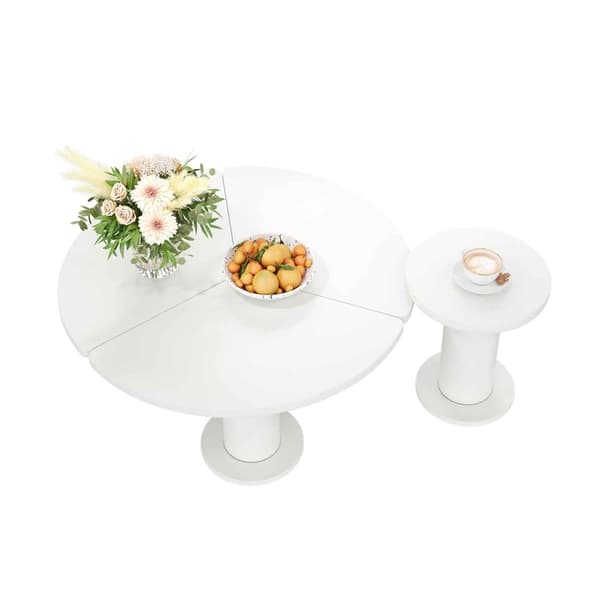 Rundt sofabordssæt i hvid MDF – 100 cm + 40 cm, lakeret bordplade og PVC-ben, sofabord i cremet stil, moderne design til stuen