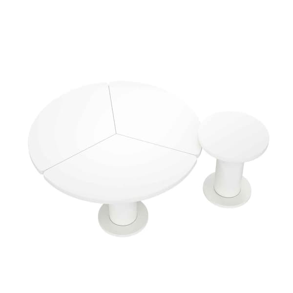 Rundt sofabordssæt i hvid MDF – 100 cm + 40 cm, lakeret bordplade og PVC-ben, sofabord i cremet stil, moderne design til stuen