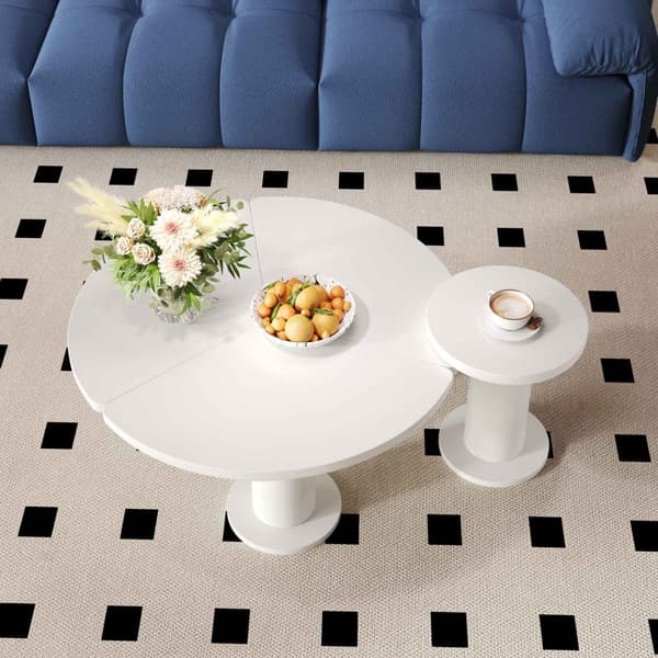 Rundt sofabordssæt i hvid MDF – 100 cm + 40 cm, lakeret bordplade og PVC-ben, sofabord i cremet stil, moderne design til stuen