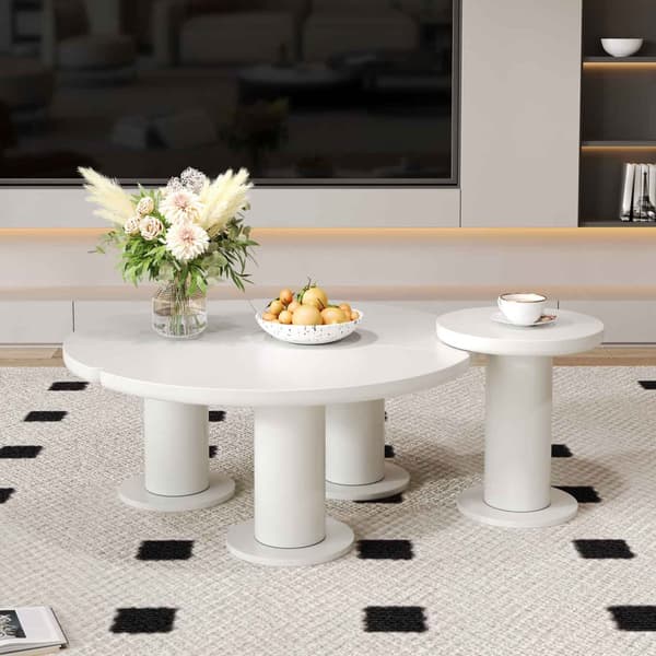 Rundt sofabordssæt i hvid MDF – 100 cm + 40 cm, lakeret bordplade og PVC-ben, sofabord i cremet stil, moderne design til stuen