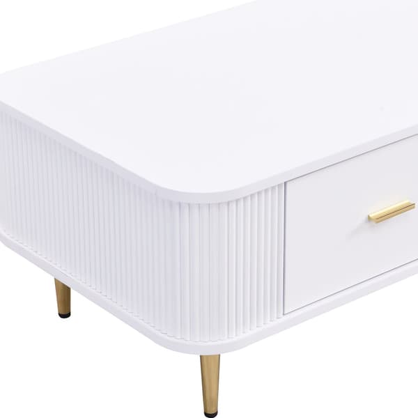 Sofabord med skuffer – elegant stuebord med buede hjørner, bølgede sider, guldgreb og ben, stilfuldt sidebord