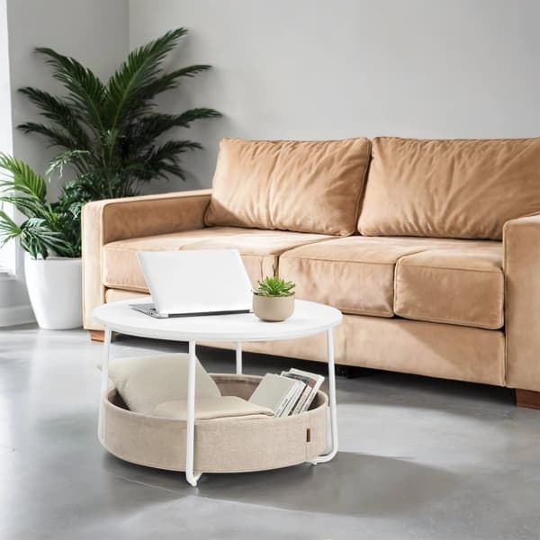 Sofabord - med kurv - Mat White - Camel Brown Textile
