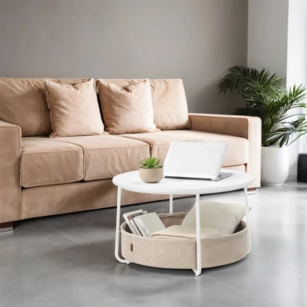 Sofabord - med kurv - Mat White - Camel Brown Textile