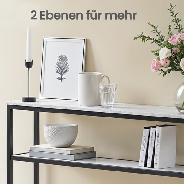 Soffbord - smal - 2 hyllor - marmor vit - bläck svart