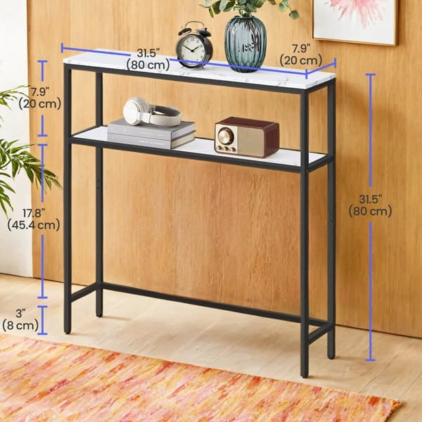 Soffbord - smal - 2 hyllor - marmor vit - bläck svart