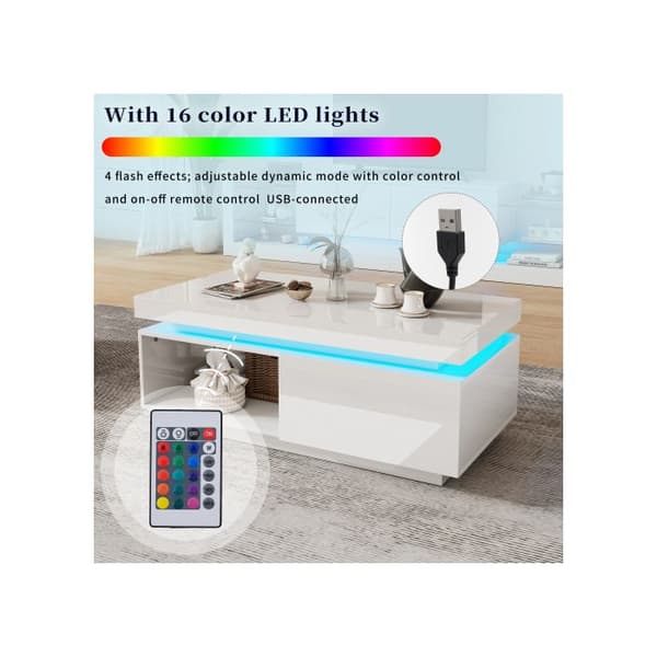 Moderna låg bord med hög glans och LED-belysning, 100x50x40,3 cm - Elegant bord med låda och en bärkapacitet på 50 kg