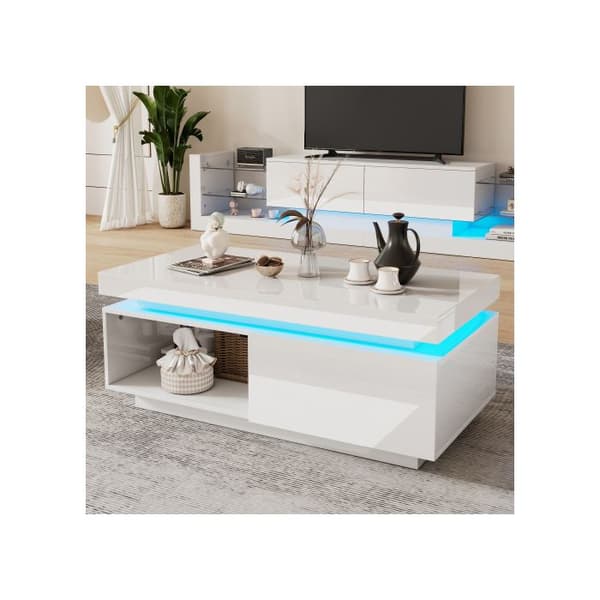 Moderna låg bord med hög glans och LED-belysning, 100x50x40,3 cm - Elegant bord med låda och en bärkapacitet på 50 kg