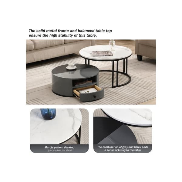 Soffbord i två delar - Avslutning och förvaring i svart och grå PVC-marmor, blank fot, elegant design