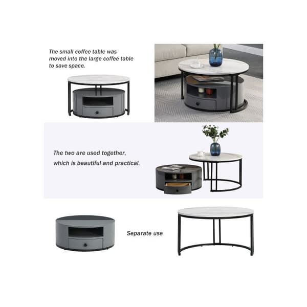 Soffbord i två delar - Avslutning och förvaring i svart och grå PVC-marmor, blank fot, elegant design