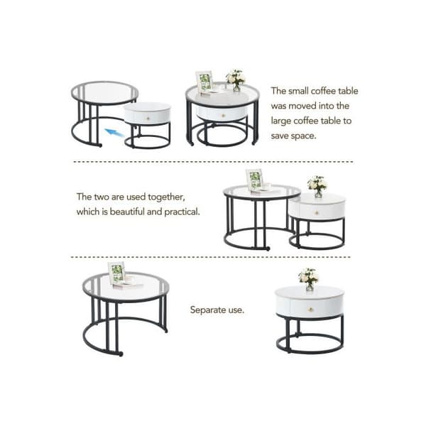 Elegant uppsättning av vit soffbord i två delar - glas, marmorblad och lådor i massivt trä