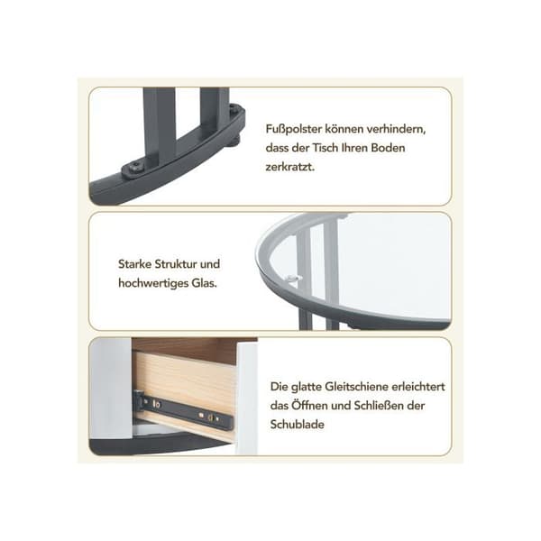 Elegant uppsättning av vit soffbord i två delar - glas, marmorblad och lådor i massivt trä