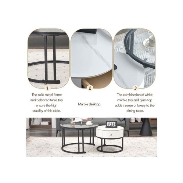 Elegant uppsättning av vit soffbord i två delar - glas, marmorblad och lådor i massivt trä