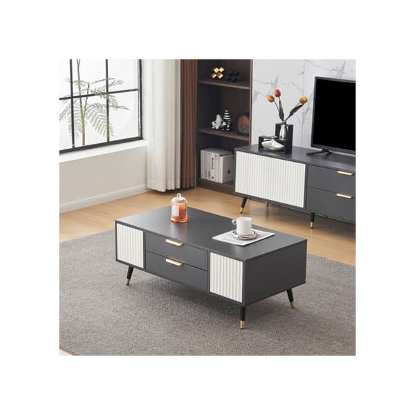 Modern rektangulär soffbord bruten vit 100x50x40 cm - med 2 dörrar, 2 lådor och gyllene dekorationer