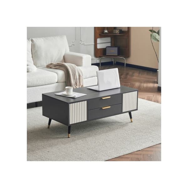 Modern rektangulär soffbord bruten vit 100x50x40 cm - med 2 dörrar, 2 lådor och gyllene dekorationer