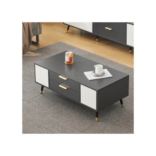Modern rektangulär soffbord bruten vit 100x50x40 cm - med 2 dörrar, 2 lådor och gyllene dekorationer